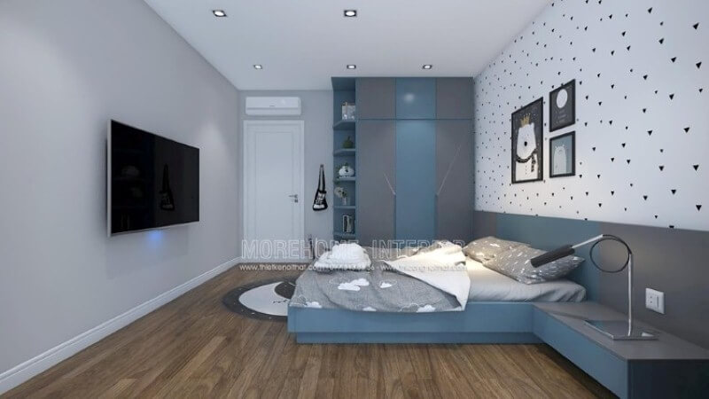 Tủ quần áo gỗ đẹp độc đáo với gam màu nổi bật xanh dương và xám cho phòng bé trai. Mẫu nội thất biệt thự đẹp